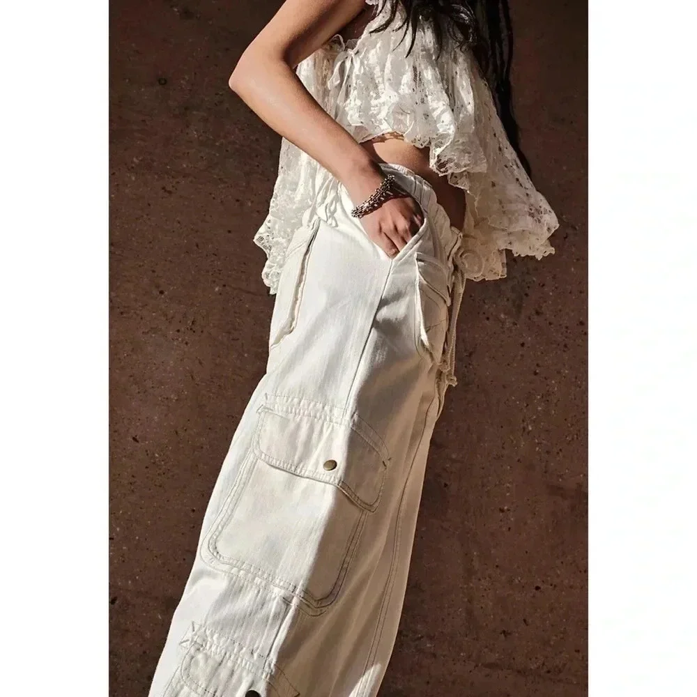 New Free People Tahiti Low-Rise Cargo Pants White Large